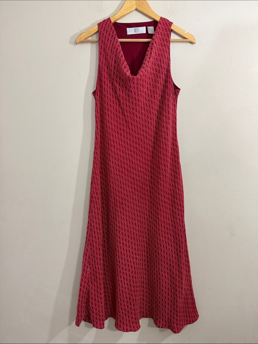 DKNY City Y2K Red Silk Geometric Draped V-Neck Bias Cut Midi Slip Dress size 10